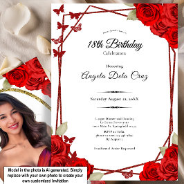 Invitación Mariposas Elegantes Rosas Rojas Debut Cumpleaños 1