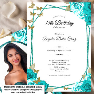 Invitación Mariposas Elegantes Rosas Turquesa Cumpleaños Debu