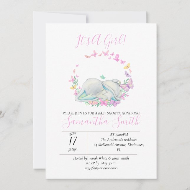 Invitación Mariposas Elephant Pink Baby Shower (Anverso)