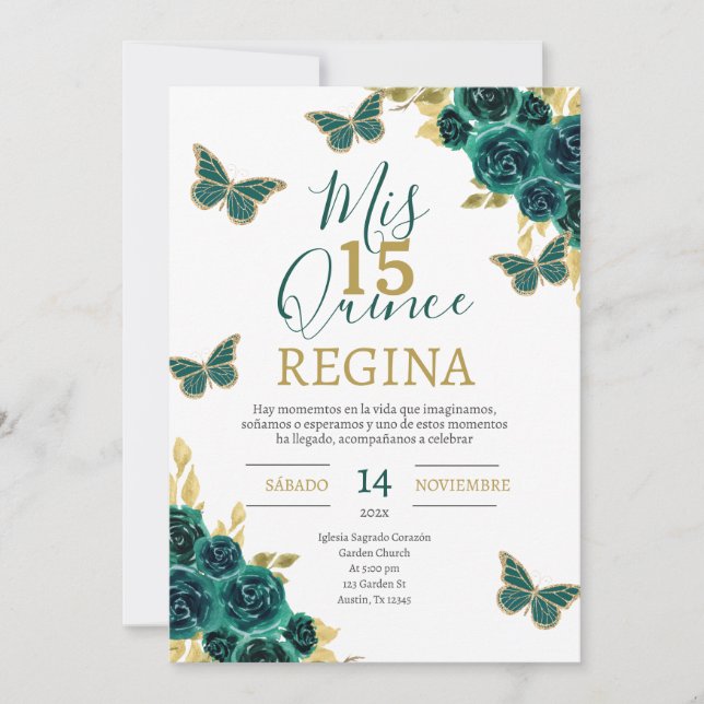 Invitación Mariposas Emerald Green Quinceañera (Anverso)