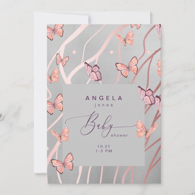 Invitación Mariposas en el Baby Shower Air Silver (Anverso)
