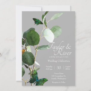 Invitación Mariposas & Eucalipto Boda Gris