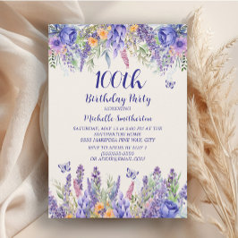 Invitación Mariposas Floral Purple Lavender 100 cumpleaños