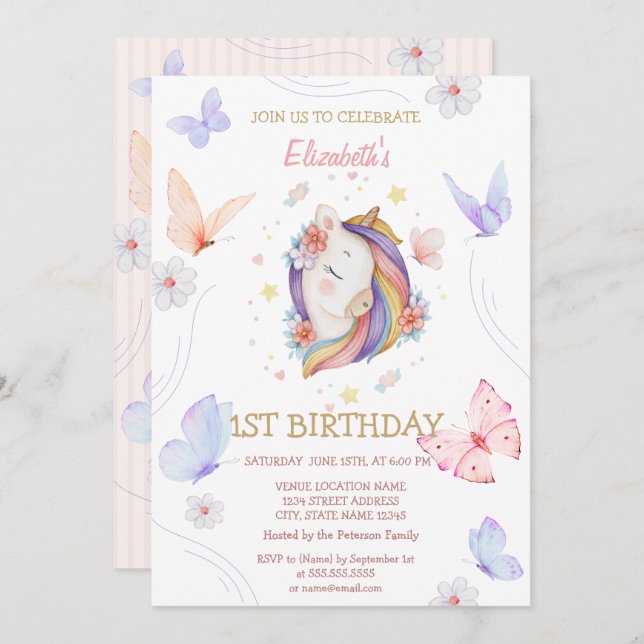 Invitación Mariposas Floral Unicornio a rayas Cumpleaños (Anverso / Reverso)