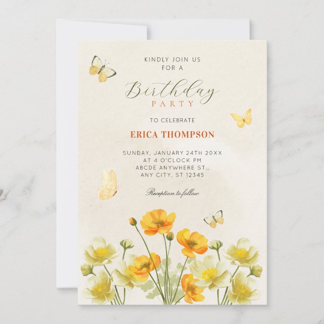 Invitación Mariposas florales amarillas (Anverso)