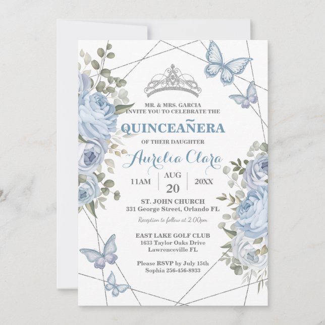 Invitación Mariposas Florales Azules 16.ª Quinceañera (Anverso)