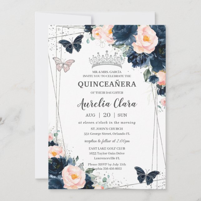 Invitación Mariposas Florales Azules de la Marina Rubor Quinc (Anverso)