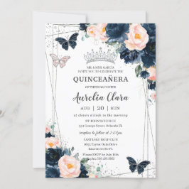 Invitación Mariposas Florales Azules de la Marina Rubor Quinc