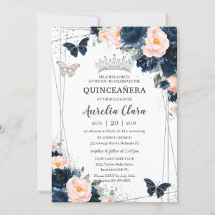 Invitación Mariposas Florales Azules de la Marina Rubor Quinc
