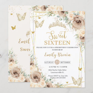 Invitación Mariposas Florales Champagne Brown Dulce Dieciséis