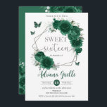 Invitación Mariposas florales de color verde esmeralda dulce<br><div class="desc">Personalice esta invitación de bonito de color verde esmeralda floral Sweet 16 cumpleaños de manera fácil y rápida. Con flores verdes esmeraldas de moda, mariposas y elementos plateados. Simplemente haga clic en el botón Editar usando herramientas de diseño para editar el texto, la redacción, el estilo de fuente, el tamaño...</div>