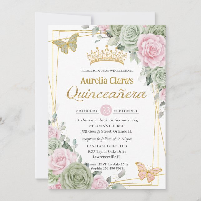 Invitación Mariposas Florales De Color Verde Sage Quinceañera (Anverso)