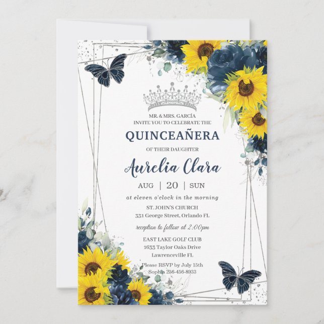Invitación Mariposas florales de girasol azul de la marina Qu (Anverso)