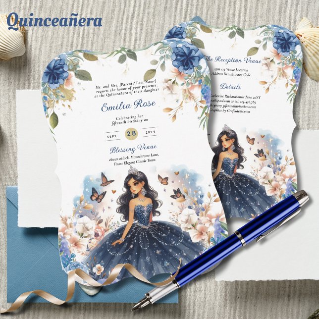 Invitación Mariposas Florales de la Marina Azul Quinceanera (Subido por el creador)