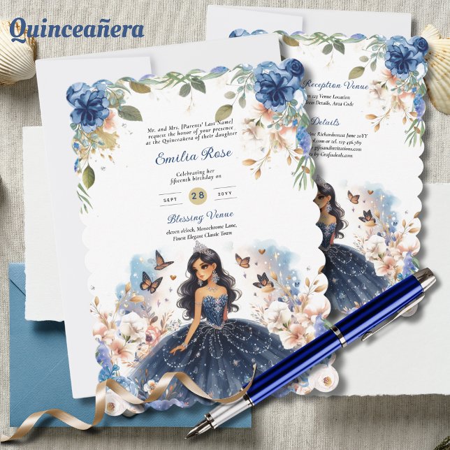 Invitación Mariposas Florales de la Marina Azul Quinceanera (Subido por el creador)