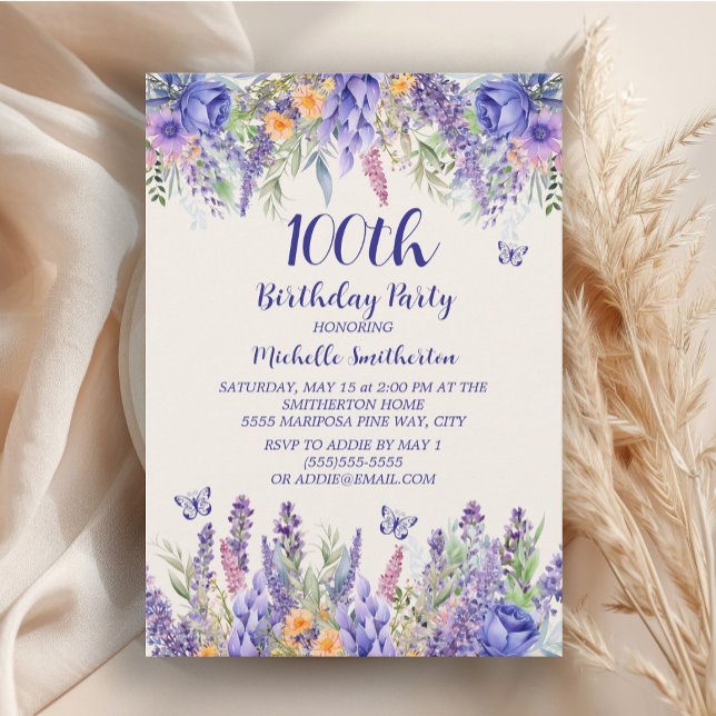 Invitación Mariposas Florales de Lavanda Púrpura Cumpleaños 1 (Lavender watercolor floral women's 100th birthday party invitation)