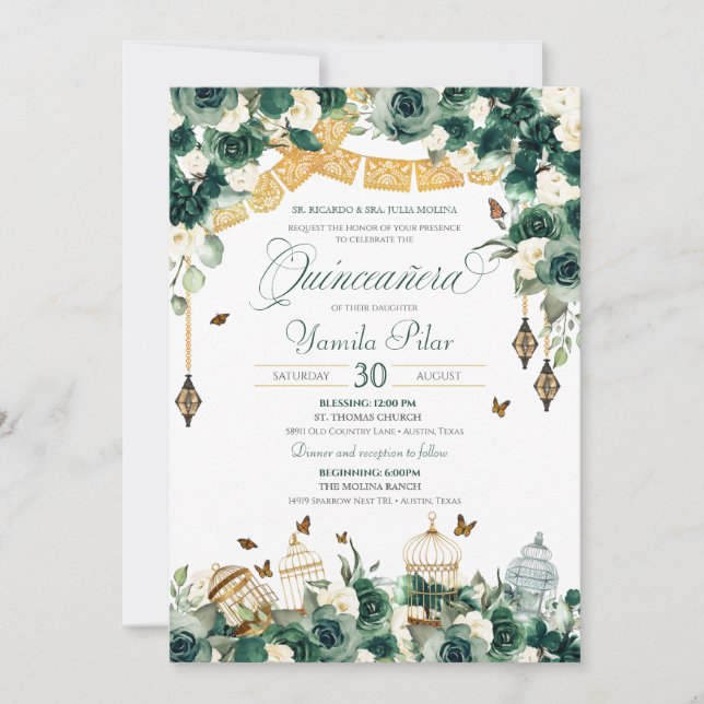 Invitación Mariposas florales de oro verde esmeralda Quincean (Anverso)
