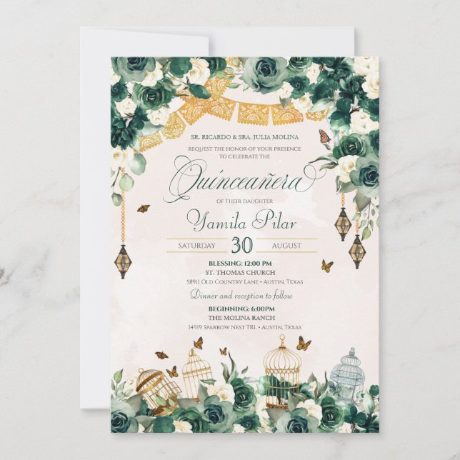 Invitación Mariposas florales de oro verde esmeralda Quincean (Anverso)