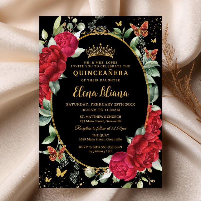 Invitación Mariposas Florales de Peonies Doradas Quinceañera (elegant red peonies floral flowers black background gold oval frame butterflies quinceanera invites)
