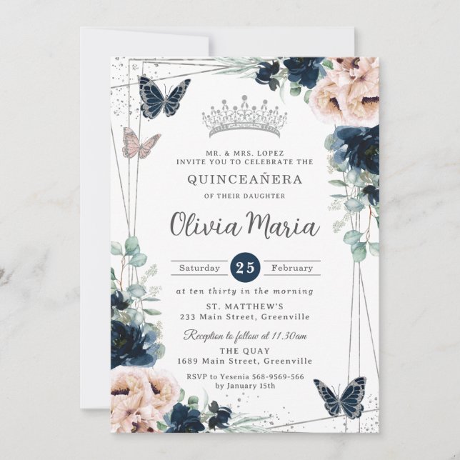 Invitación Mariposas florales de Rubor Azul de la Marina Quin (Anverso)