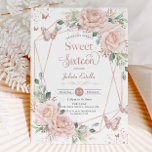 Invitación Mariposas Florales de Rubor Rosa Dulce de Oro Diec<br><div class="desc">Personalice esta elegante tarjeta de invitación de 16 cumpleaños color rosa y floral, fácil y rápidamente. Simplemente haga clic en el botón Editar usando herramientas de diseño para editar los textos, cambiar fuentes y colores de fuentes. Con suaves rosas rosas rosas color agua, mariposas doradas subió y un moderno marco...</div>