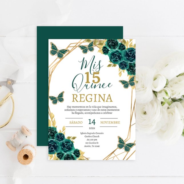 Invitación Mariposas florales Emerald Green Quinceañera (Subido por el creador)