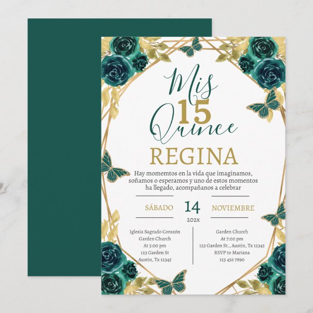 Invitación Mariposas florales Emerald Green Quinceañera (Anverso / Reverso)