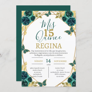 Invitación Mariposas florales Emerald Green Quinceañera