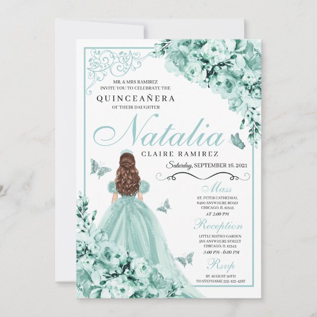 Invitación Mariposas Florales Mint Green Quinceanera (Anverso)