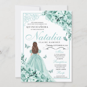 Invitación Mariposas Florales Mint Green Quinceanera