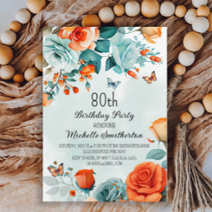 Invitación Mariposas Florales Naranja Azul Cumpleaños 80