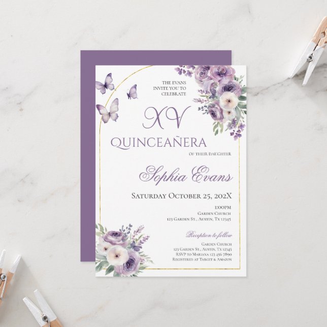 Invitación Mariposas Florales Purple Lilac Quinceañera (Anverso/Reverso In Situ)
