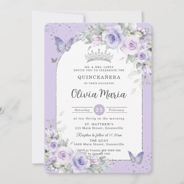 Invitación Mariposas Florales Púrpura Lavender Quinceañera (Anverso)