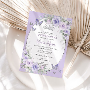 Invitación Mariposas Florales Púrpura Lavender Quinceañera