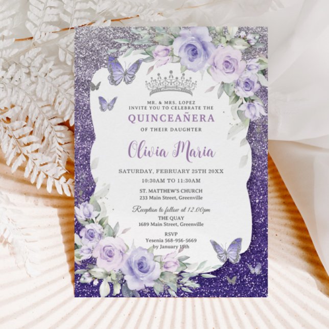 Invitación Mariposas Florales Púrpura Lavender Quinceañera (Subido por el creador)