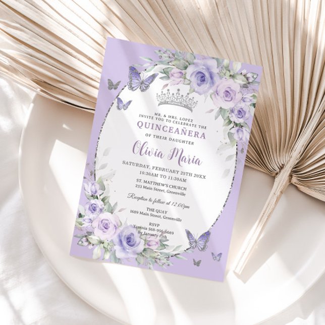 Invitación Mariposas Florales Púrpura Lavender Quinceañera (Subido por el creador)