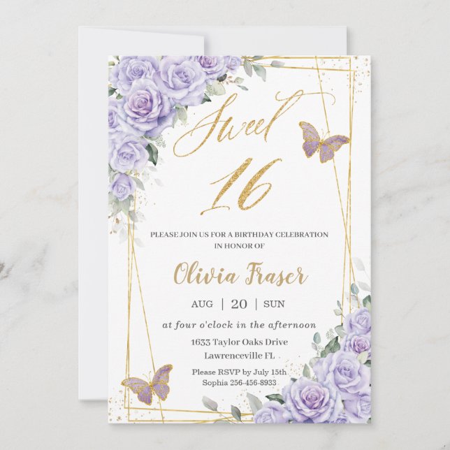Invitación Mariposas Florales Púrpura Lilac Dulce 16 Dieciséi (Anverso)