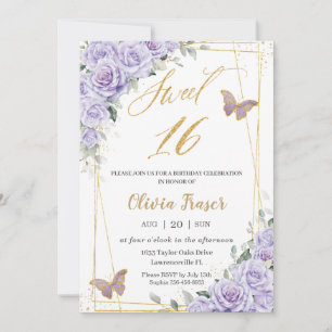 Invitación Mariposas Florales Púrpura Lilac Dulce 16 Dieciséi