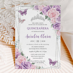 Invitación Mariposas Florales Púrpura Lilac Rosa Quinceañera