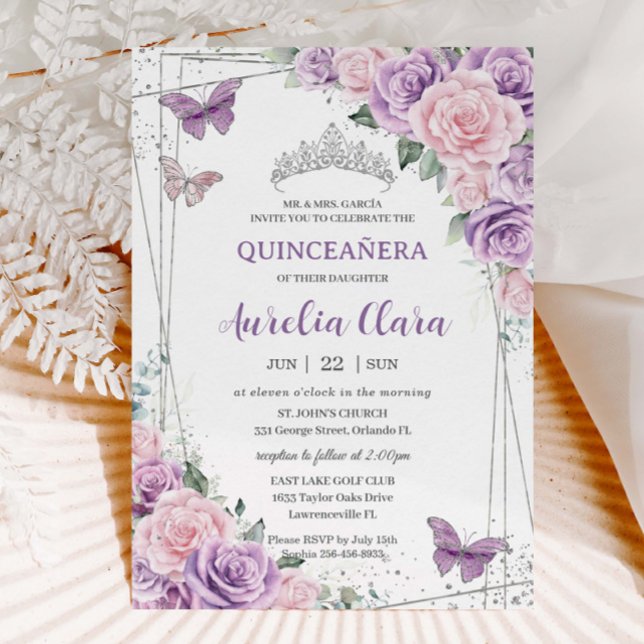 Invitación Mariposas Florales Púrpura Lilac Rosa Quinceañera (lavender-purple-lilac-pale-pink-flowers-floral-roses-silver-geometric-quinceanera-sweet-16-invites)