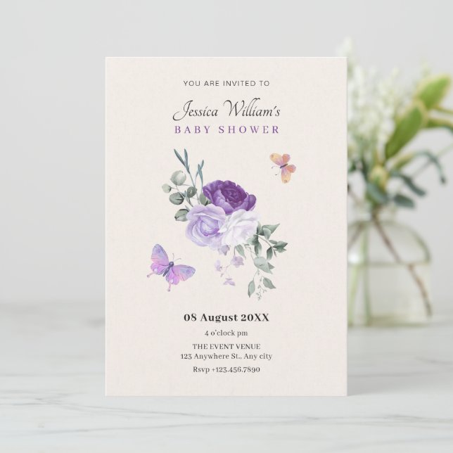 Invitación Mariposas florales púrpuras (Anverso de pie)