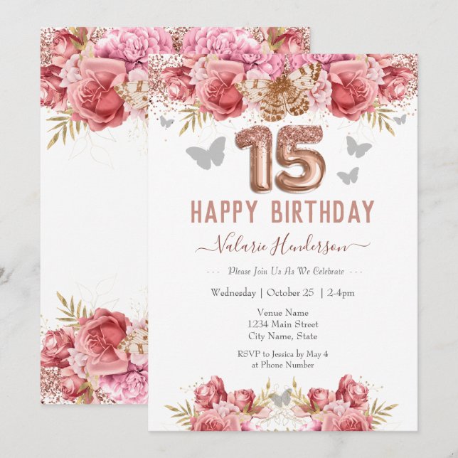 Invitación Mariposas Florales Rosa Felices Quince cumpleaños (Anverso / Reverso)