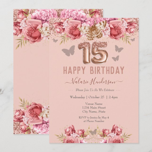 Invitación Mariposas Florales Rosa Feliz Quinto Cumpleaños In (Anverso / Reverso)