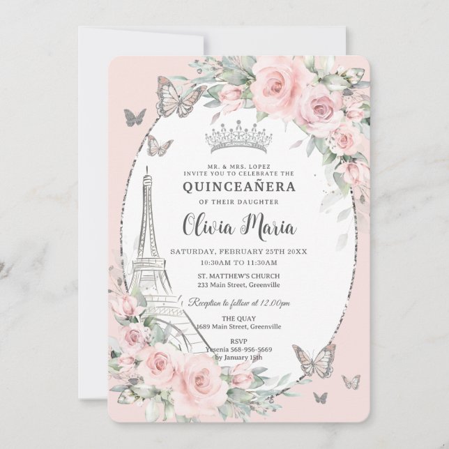Invitación Mariposas Florales Rosa Rubor Paris Quinceañera (Anverso)