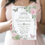 Invitación Mariposas florales rosadas sabrosas Quinceanera<br><div class="desc">Esta invitación a la moda de Quinceañera presenta un marco geométrico purpurina plateado adornado con delicados saltos de color verde, floral rosa pálido, vegetación suave y mariposas sabrosas y plateadas. Personalízalo con tus detalles de forma fácil y rápida, simplemente pulsa el botón personalizar it para reorganizar y formatear el estilo...</div>