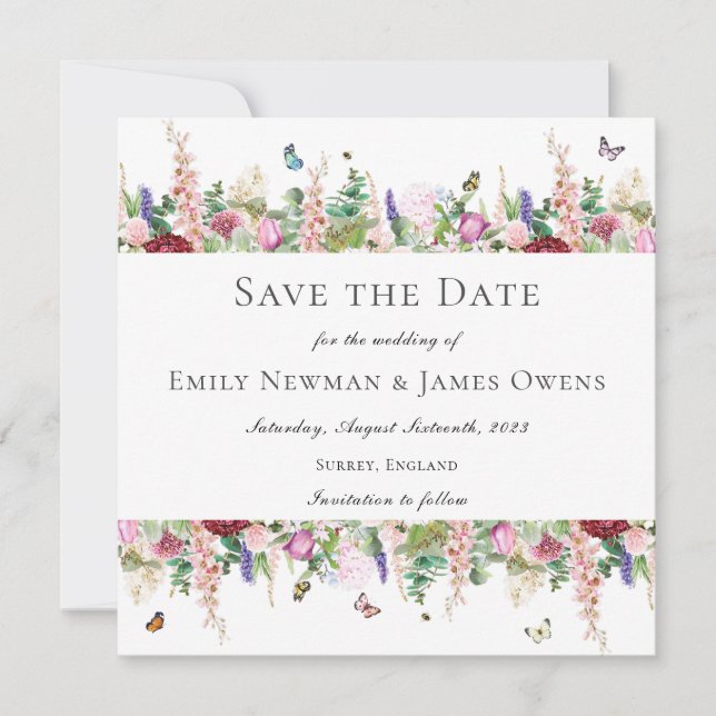Invitación Mariposas Florales Rosadas Salven la fecha (Anverso)