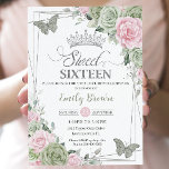 Invitación Mariposas florales rosadas verdes sabrosas dulces<br><div class="desc">Moda Sweet 16 Birthday con un marco geométrico purpurina plateado adornado con delicados tonos de agua verde salvia, floral rosa pálido, vegetación suave de salvia y mariposas sabrosas y plateadas. Personalízalo con tus detalles de forma fácil y rápida, simplemente pulsa el botón personalizar it para reorganizar y formatear el estilo...</div>