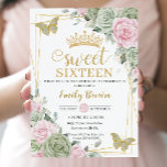 Invitación Mariposas florales rosadas verdes sabrosas dulces<br><div class="desc">Moda Sweet 16 Birthday con un marco geométrico purpurina plateado adornado con delicados tonos de agua verde salvia, floral rosa pálido, vegetación suave de salvia y mariposas sabrosas y doradas. Personalízalo con tus detalles de forma fácil y rápida, simplemente pulsa el botón personalizar it para reorganizar y formatear el estilo...</div>