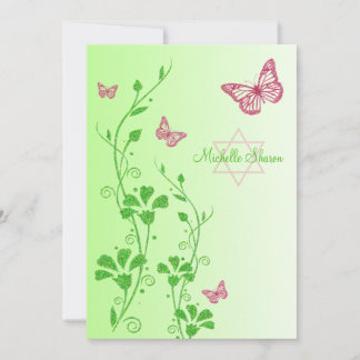 Invitación Mariposas florales rosas y verdes invitan a Bat Mi
