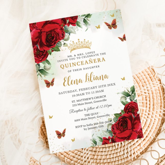 Invitación Mariposas Florales Roses Rojas Quinceañera Sweet 1 (bright-red-roses-flowers-gold-butterflies-princess-crown-quinceanera-sweet-16-birthday-invites)
